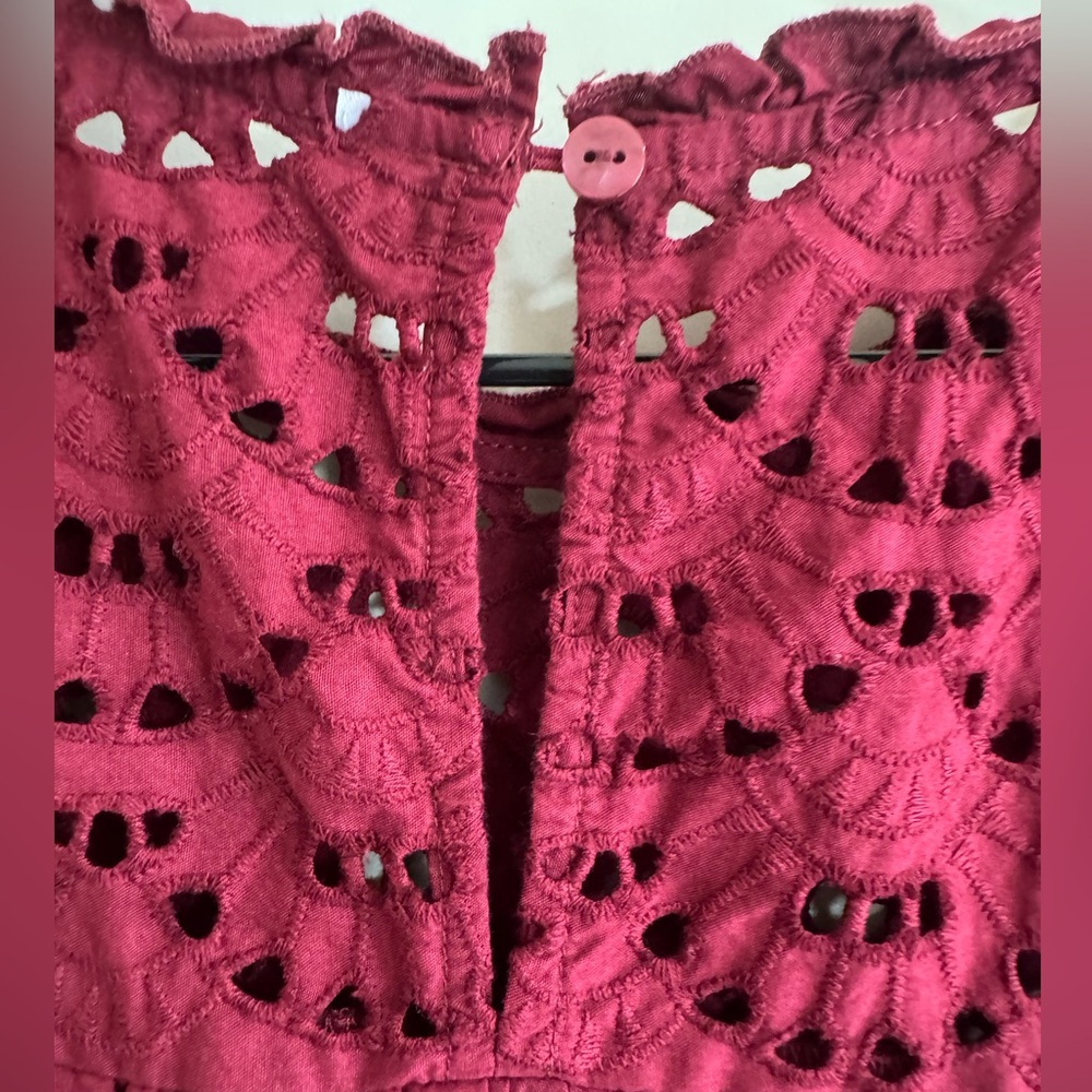Wine Red Eyelet Mini Dress L Boho Scalloped Hem Embroidered Summer - Picture 3 of 7